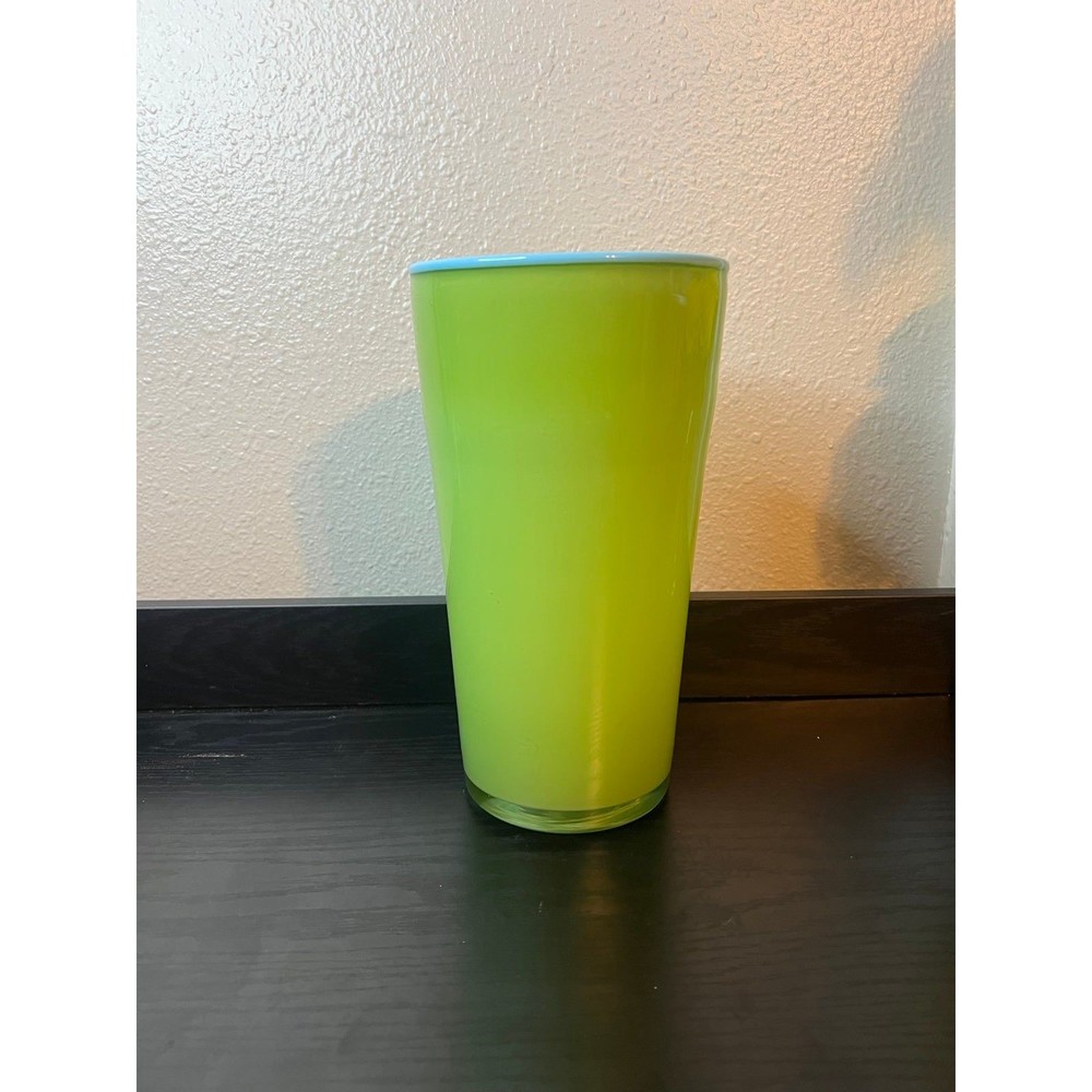 MCM Mid century modern Lime green blue rim Glass tall vase
